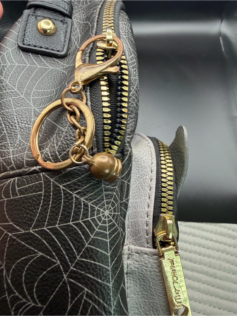 Betsey Johnson-Gray Dracula Cat Face & Spider Web print Mini backpack - Picture 4 of 11